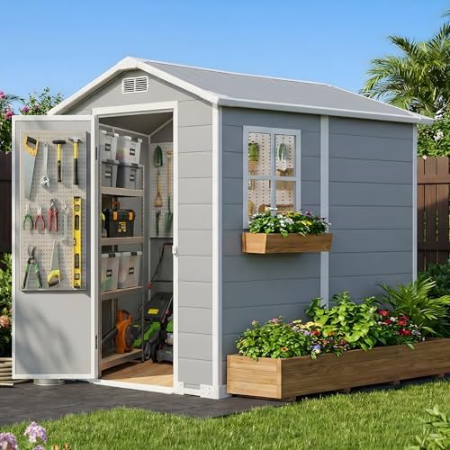 4x6 FT Outdoor Storage Shed with Floor & Window, All-Weather Resin Garden Tool Shed, Waterproof Plastic Garden Shed with Lockable Door, Vents & Roof Rainwater Drainage for Backyard, Garden, Poolside by AIRAJ