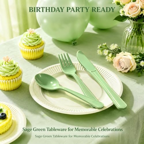 75 Pack Sage Green Heavy Duty Plastic Silverware Set, Disposable Cutlery Knives, Forks & Spoons, 25 Sets for Baby Shower, Birthday, Camping, Picnic, Wedding & Party Tableware - Image 3