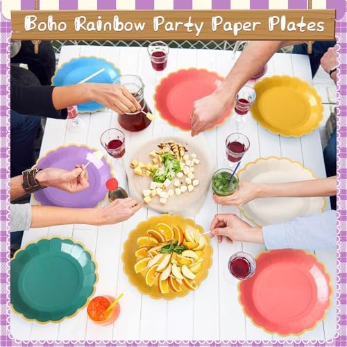 48 Pcs Boho Rainbow Paper Plates 9 Inch Scalloped - Image 6