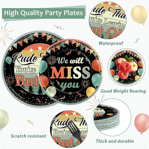 96PCS Rude That You're Leaving But OK Paper Plates and Napkins Vintage Farewell Retirement Party Supplies We Will Miss You Tableware Set for 24 Guests for Women Men Office Retirement Decorations - Image 3