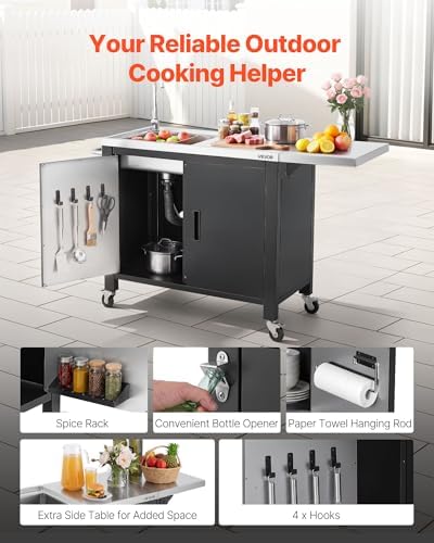 VEVOR Outdoor Grill Cart with Sink and Storage Cabinet, 52 Inch Grill Table, Waterproof Kitchen Island with Stainless Steel Top, Spice Rack, Wheel, Movable Food Prep Station for Patio Bar Backyard BBQ - Image 5