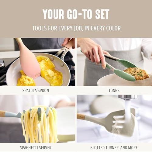 GreenLife 11 Piece Silicone Utensil Crock Set, Nonstick Kitchen Tools, Ladle, Turner, Slotted Turner, Spatula, Spoon, Spaghetti Server, Brush, Whisk, Tongs, Crock, Taupe - Image 4