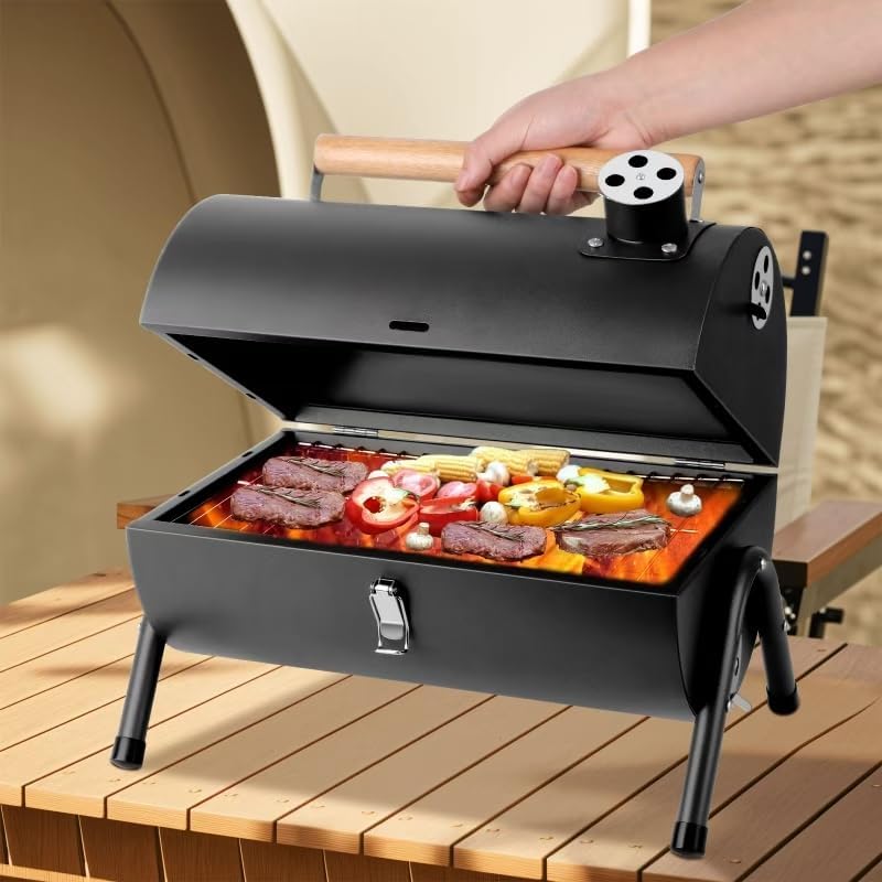 Portable bbq Charcoal Grill Small Folding Table Top Charcoal Grill for Outdoor Camping Two Side Carbon Smoker Griller with bbq Grill Brush and Metal Tongs (Black) - Image 7