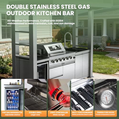 110" Outdoor Kitchen Island with 4-Burner 72000 BTU,Heavy-Duty Gas Grill with Side Burner,Rotisserie Oven,Galvanized Steel Roof,Granite Countertops,Refrigerator,Storage Cabinets,Sink.(Natural Gas) - Image 4