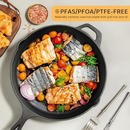 EWFEN Cast Iron Skillet 12 Inch, Pre-Seasoned Frying Pan, Heavy-Duty Professional Restaurant Chef Quality Cookware with Drip Spout, Indoor & Outdoor Use, Compatible with Oven, Stove, Grill & Campfire - Image 4