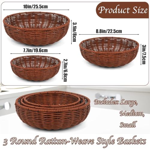Imitation Wicker Bread Basket, 3 Pack Woven Rattan Basket Round Woven Baskets Woven Breads Baskets For Serving Vegetables, Kitchen, Restaurant, Outdoor, 3 Sizes (Brown) - Image 2