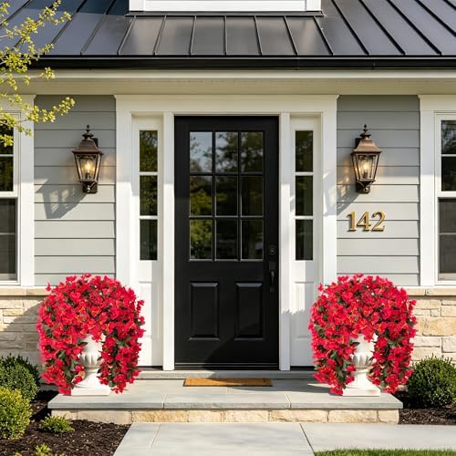 Faux Bougainvillea Artificial Flowers Plants for Outdoor Outside Decoration, 2 PCS Red Fake Flowers UV Resistant Look Real Silk Long Trailing Vines for Front Door Porch Planter Urn Patio Garden Yard - Image 3
