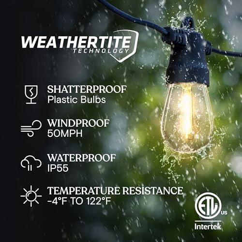 Brightech Ambience Pro Solar Powered Outdoor String Lights -27 ft Commercial Grade Waterproof Edison Patio Lights, Shatterproof LED String Lights for Outside, Porch - 12 Bulbs, 1W Soft White - Image 2