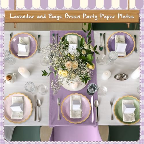 48 Pcs Sage Green Purple Paper Plates 9 Inch Scalloped - Image 5