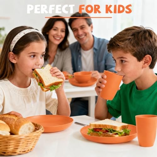 Kids Wheat Straw Dinnerware Sets for 4, 20 Piece Unbreakable Dinnerware Set, Plates and Bowls Sets, Kitchen Plates and Bowls Set, Lightweight Dish Set for Picnic, Camping, and Daily - Orange - Image 6