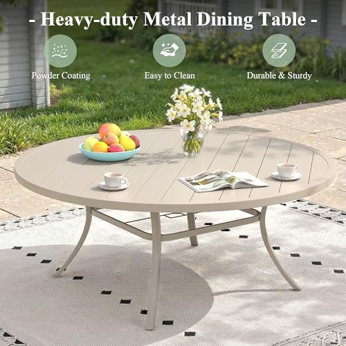 Outdoor Dining Table for 8, 63" Round Outdoor Table with Adjustable Umbrella Hole, All-Weather Metal Patio Dining Table for Lawn Garden Backyard Deck, Sandshell - Image 7