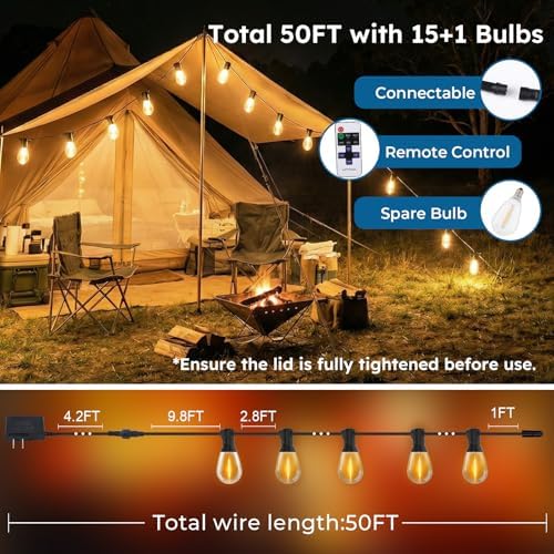 GvvooHome 50FT S11 LED Outdoor String Lights with App & Remote, Low-Voltage Patio Lights with Music Sync, 4 Lighting Modes, Dimmable, Waterproof LED Outdoor Lights for Porch, Deck, Garden, Backyard - Image 7