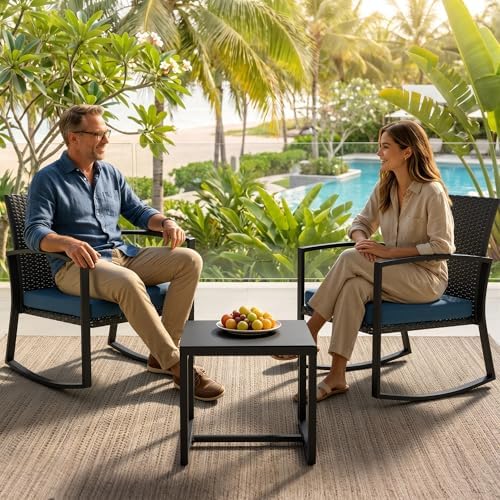 Rocking Patio Bistro Sets - All-Weather - 3 Piece Rattan Conversation Furniture Set, Wicker Outdoor Front Porch Chair for Balcony, Porch, Garden, Backyard, Poolside, Blue - Image 7