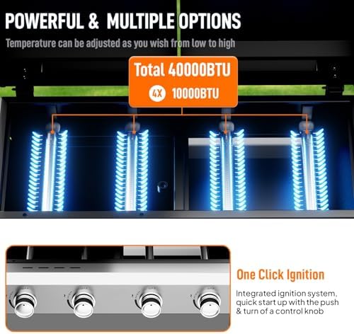 Bonnlo 2 in 1 Propane Flat Top Grill and Griddle Combo with Lid, Powerful 40,000 BTU Grills with Side Shelves & Integrated Ignition, 4 Burners Grill with Movable Wheels for Outdoor BBQ Camping Use - Image 2