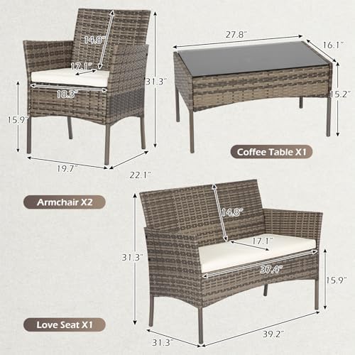 FDW 4-Piece Patio Furniture Set | Gray & Khakhi | Outdoor Wicker Furniture - Image 3