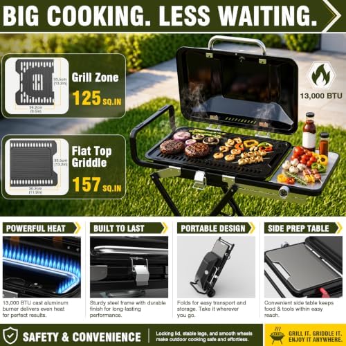 Bestfire Propane Gas Grill, 13000 BTU 2-in-1 Griddle & Grill Grate Foldable - Image 2