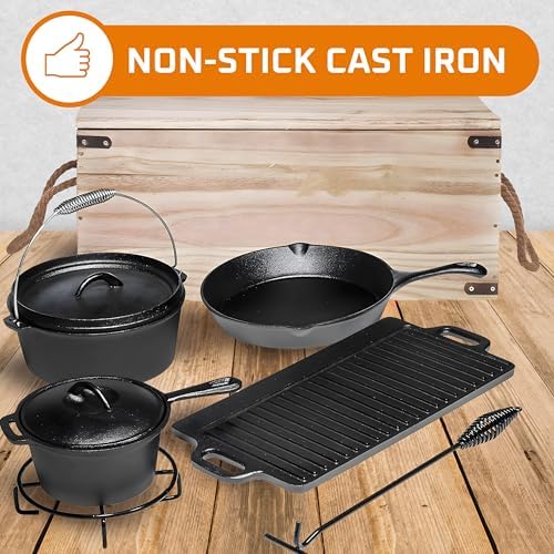 Bruntmor Camping Cooking Set Of 7. Pre Seasoned Cast Iron Pots And Pans Dutch Oven With Lids For Outdoor Comefire. Grill Cookware Skillet Sets With Storage Box - Image 5