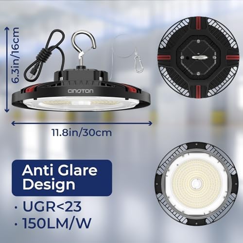 CINOTON 210W UFO LED High Bay Light, Aluminum LED Shop Lights with 31500LM, 5000K Commercial Bay Lighting for Warehouse Garage Workshop Factory, 6' Cable & Safety Rope, ETL Listed 4 Pack - Image 4
