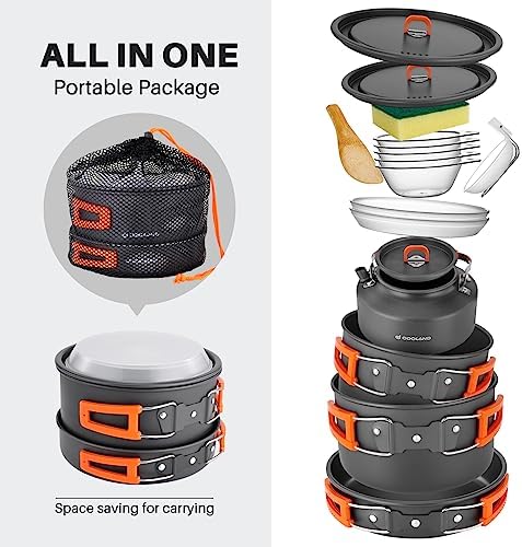 Odoland 15pcs Camping Cookware Non-Stick Lightweight Camping Pots and Pans Set with Kettle Plastic Plates Bowls Soup Spoon for Camping, Backpacking, Outdoor Cooking and Picnic - Image 5