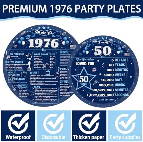 96Pcs 50th Birthday Party Paper Plates and Napkins 50th Birthday Supplies for Men and Women Disposable Dessert Plates Back in 1976 Blue Silver Tableware 1976 Birthday Gatherings Decorations - Image 3