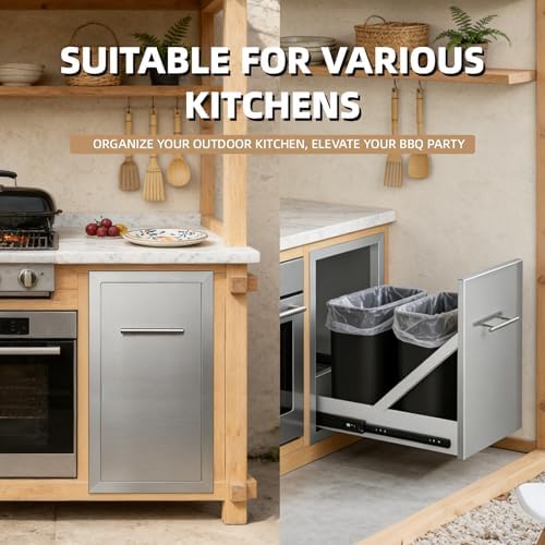 Pull-Out Trash Can Drawer Cabinet 14" x 25.7" x 19.4" Stainless Steel Outdoor Kitchen Trash Cabinet, Flush Mount BBQ Island Trash Drawer for Patios & Grilling Stations - Image 4