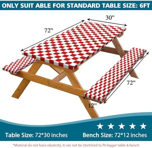 Picnic Table Cover with Bench Covers and Bag, Red and White Checkered Gingham Buffalo Plaid Camping Tablecloth Waterproof Windproof Elastic Edges Fitted Tablecloths for Outdoor Garden 3PCS 30x72 Inch - Image 2