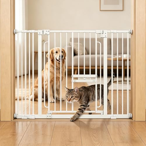 Dog Gate with Adjustable Cat Door, 29.5-42.5 in Wide,White by FuzzyNest