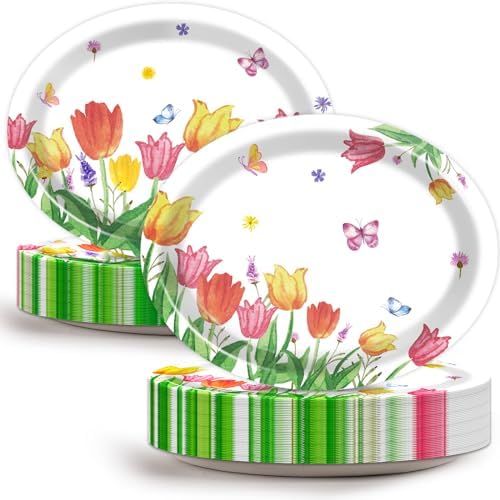 Qyeahkj 50 Pcs Spring Tulip Oval Paper Plates Large 11” Disposable Tulip Flower Party Decorations Floral Supplies Favor for Easter Picnic Spring Summer Birthday Butterflies Party Tableware Set by Qyeahkj