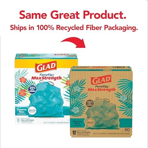Glad ForceFlex MaxStrength Tall Kitchen Trash Bags, Rip and Tear Resistant, Bahama Bliss Scented Teal Tall Garbage Bags, Odor Control, Febreze Freshness, 13 Gallon, 90 Count - Image 2