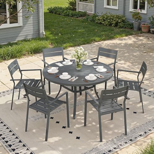 47.2" Patio Dining Table for 6, Round Outdoor Metal Dining Table with Umbrella Hole for Lawn Garden Backyard, Dark Grey - Image 4