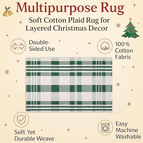 Christmas Green & White Check Rug - 4' x 6' Outdoor Front Door Decor Mat Cotton Washable Hand-Woven Rug Christmas New Year Holiday Porch Entryway Layered Doormat - Image 4