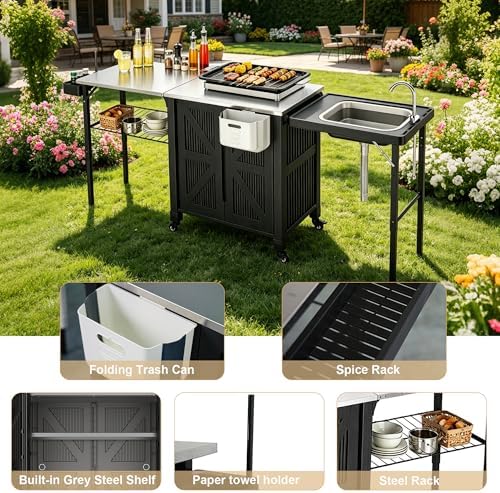 Outdoor Grill Cart with Storage Cabinet, 3-in-1 Movable Kitchen Island Cart, Outdoor Grill Cooking Station with Stainless Steel Countertop&Rolling Wheels&Folding Side Tables for Backyard Patio - Image 5