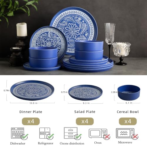 MissYip Melamine Dinnerware Set, 12 Piece for 4, Thicker Sturdy Indoor and Outdoor Use Tableware, Durable Plastic Plates and Bowls set, BPA Free, Dishwasher Top Safe, Not Microwave, Not Oven(Blue) - Image 2