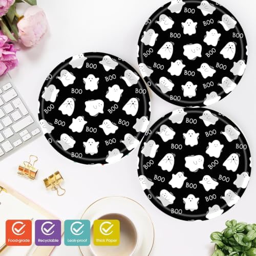 50Pcs Halloween Party Plates Ghost Spooktacular Halloween Paper Plates 7Inch Pumpkin Ghost Plates Black White Boo Paper Plates for Haunted House Themed Boo Pumpkin Birthday Party Decorations (white) - Image 6