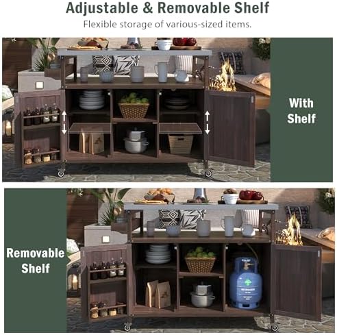 Merax Outdoor Kitchen Island, Rolling Bar Cart & Storage Cabinet, Farmhouse Solid Wood Outdoor Grill Table with Stainless Steel Top, Spice Rack, Towel Rack for Kitchen & Barbecue, Dark Brown - Image 5