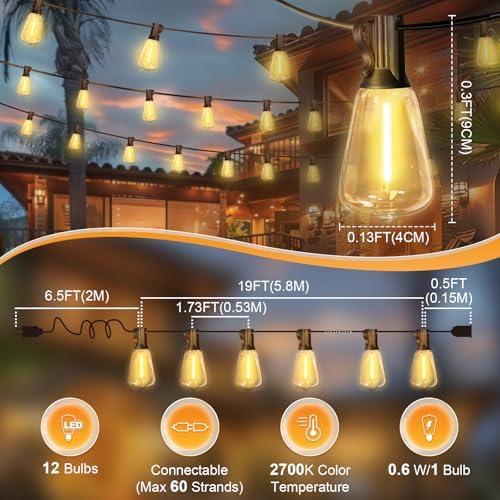LAMPHOME Outdoor String Lights, 26FT Patio Lights with 12+1 ST38 LED Edison Bulbs (1 Spare), Connectable String Lights for Outside, Dimmable Hanging Light for Backyard Porch Decor, Warm White - Image 5