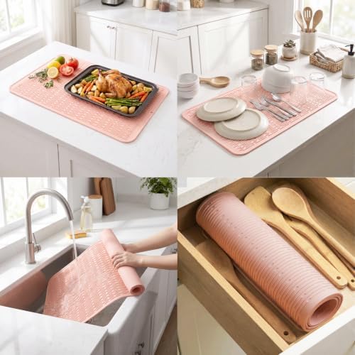 MicoYang Silicone Dish Drying Mat for Multiple Usage,Easy clean,Eco-friendly,Heat-resistant Silicone Mat for Kitchen Counter or Sink,Refrigerator or Drawer Liner Pink 4XL 32 inches x 18 inches - Image 4