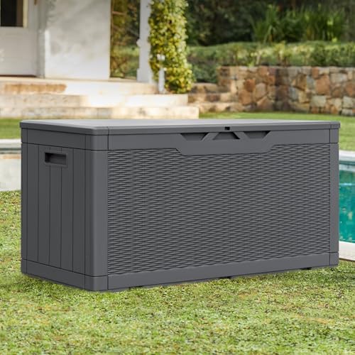 Greesum 100 Gallon Resin Patio Storage Box for Garden Tools, Gray - Image 3