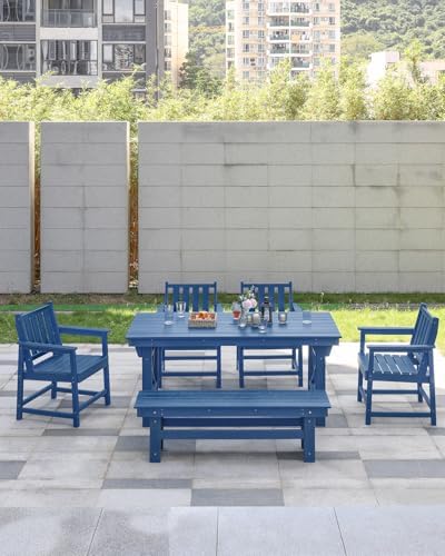 HDPE Outdoor Dining Set of 6, Patio Dining Table Set with 4 Chairs and 1 Bench, 6 Pieces HDPE Dining Set with Umbrella Hole, Outdoor Furniture Sets for Deck, Poolside, Garden, Navy - Image 2