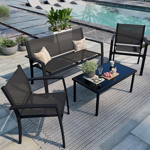 Shintenchi 4 Pieces Patio Furniture Set All Weather Textile Fabric Outdoor Conversation Set, with Glass Coffee Table, Loveseat, 2 Single Chairs for Home, Garden, Lawn, Porch（Black） by Shintenchi%7CFurnitureMadeforRealLife