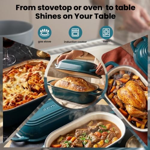 Oval Dutch Oven for Bread Baking,11.3x5.3 Enameled Cast Iron Bread Pan,Teal - Image 5