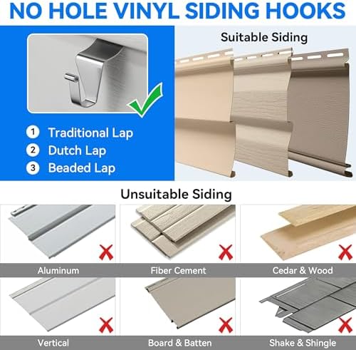 MIUKAA No-Hole Vinyl Siding Hooks, 4-Pack Stainless Steel Clips, 12lbs Load - Image 6