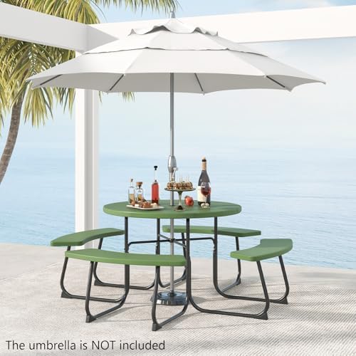 COSTWAY Round Outdoor Picnic Table with Bench Set for 4-8 People (Green) - Image 2