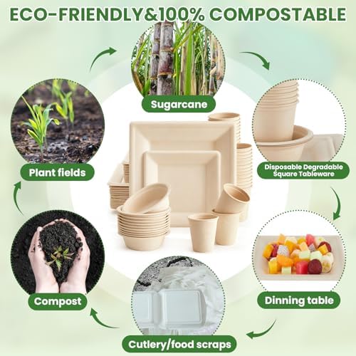 Havawish 100 Pcs Compostable Paper Plates and Bowls Set for 25 Guests, 10in & 8in Heavy Duty Sugarcane Disposable Plates 12 oz Biodegradable Cups and Paper Bowls, Party Camping Picnic(Beige) - Image 5