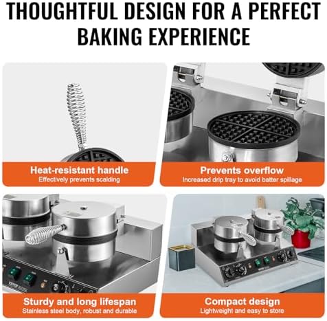 VEVOR Commercial Waffle Maker, Dual-Head Round Waffle Baker Machine, 2460W Non-Stick Stainless Steel Belgian Waffle Iron with Temp and Time Control, Handle, for Restaurant Bakery Snack Bar Family - Image 5