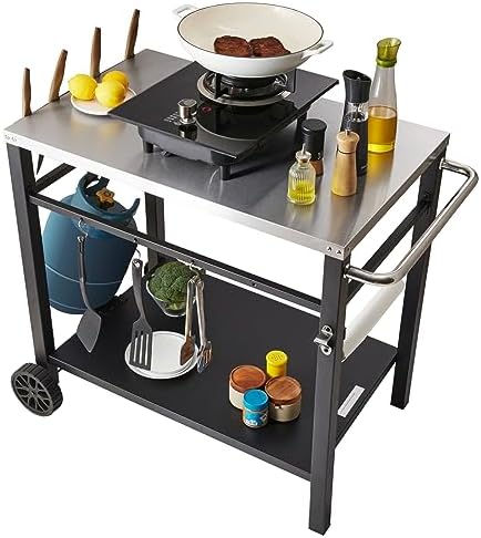 VEVOR Outdoor Grill Cart with Double-Shelf, BBQ Movable Food Prep Table with PVC Placemat, Black Iron Table Top, Portable Modular Carts for Pizza Oven, Worktable with 2 Wheels, Carry Handle by VEVOR