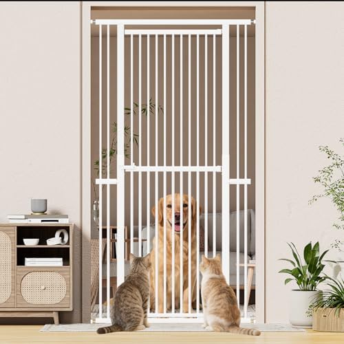 Snuowu 51"-87" Extra Tall Pet Gate for Cats, 29.5"-40.5" Wide Pressure Mounted No-Drilling Safety Dog Gate, Metal Walk-Thru Barrier for Doorways, Stairs, Kitchens, White by SNUOWU