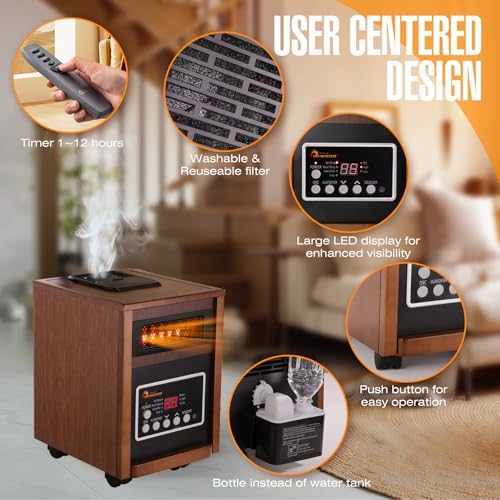 DR. INFRARED HEATER DR-998, 1500W Dual Heating Infrared Space Heater with Humidifier, Oscillation, Remote Control, Thermostat & Safety Protection, Portable with Wheels, Energy Efficient, Walnut - Image 5