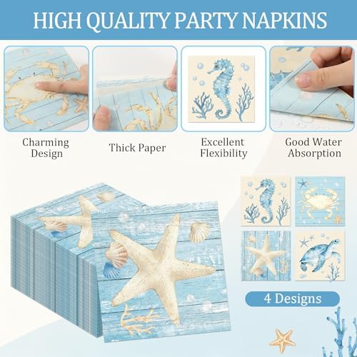 96Pcs Sealife Coastal Party Decorations Ocean Nautical Birthday Plates and Napkins Beach Turtle Starfish Seahorse Crab Paper Plates Disposable Tableware for Under the Sea Summer Coral Party Supplies - Image 4