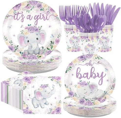 168Pcs Purple Elephant Baby Shower Party Decorations, Serves 24 by Greencian